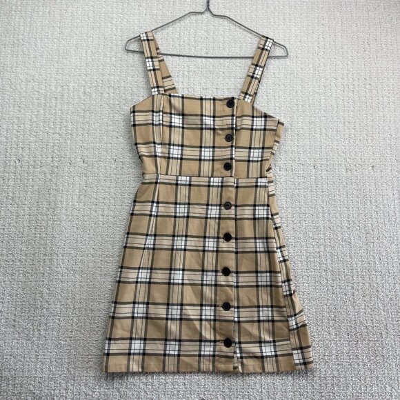 H&M Divided Mini Dress Light Brown / Tan Button Down Plaid Check Women Sz 2 - Picture 1 of 9
